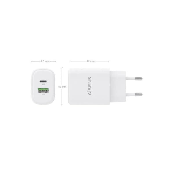 CARGADOR AISENS GAN 30W 1XUSB-C PD3.0 QC4.0 1XUSB-A QC3.0 VIT