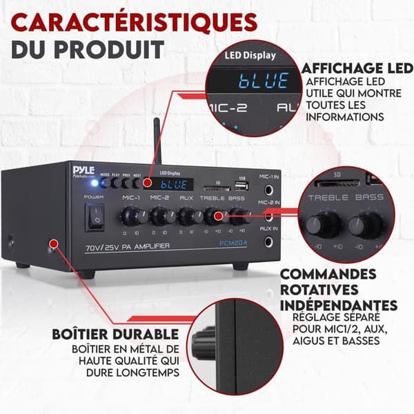 Pyle - Kompakt Ljudförstärkare 40 W Bluetooth - AUX-ingång, 2 Mikrofoningångar
