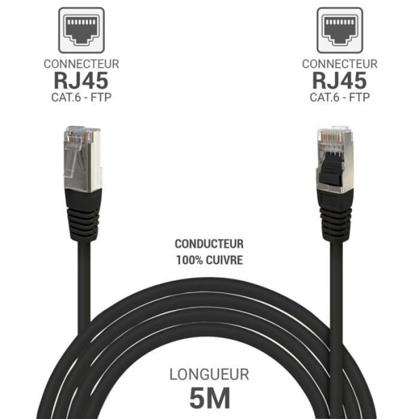RJ45 Ethernet nätverkskabel Cat 6 FTP 33525 skärmad 250MHz 100% kopparledare Längd 5m Svart