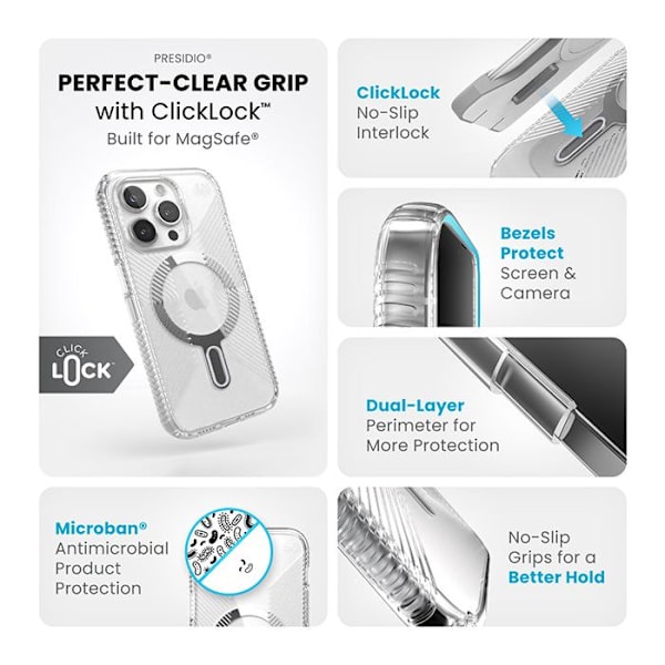 Speck Presidio Perfect-Clear Grip ClickLock & Magsafe - Fodral för iPhone 15 Pro (Klar / Chrome Finish / Serene Silver)