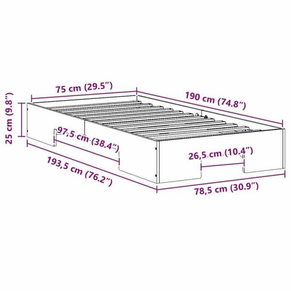 vidaXL Sängram Vit 75 x 190 cm 873056
