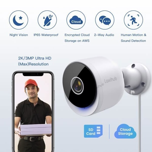 Laxihub O2 - 3MP/2K Ultra HD WiFi-kamera, IP65 vattentät utomhussäkerhets-IP-kamera, automatisk spårning, mörkerseende Vit