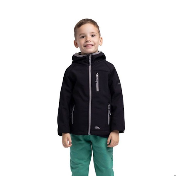 Barnjacka med huva - Trespass - Kian - Hållbar softshell - Avtagbar huva - 3 zip-pockar svart 7-8 år gammal