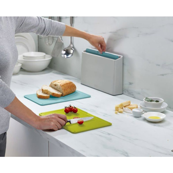 Joseph Joseph - 60221 - Duo Set med 3 skärbrädor med färgkod och slimmad fodral för organiserad förvaring, Opal