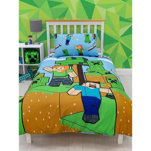 Enkel Minecraft Epic-sängkläder - Rotationsdesign - Blå - Grön