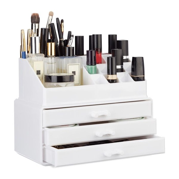 Relaxdays Makeup organizer, Make up förvaringslåda med lådor, Stapelbart ställ, Vit Vit