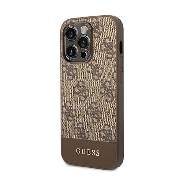 iPhone 14 Pro-fodral - Guess - 4G Bottom Stripe - Biologiskt läder - Brun - Semi-rigid kastanj