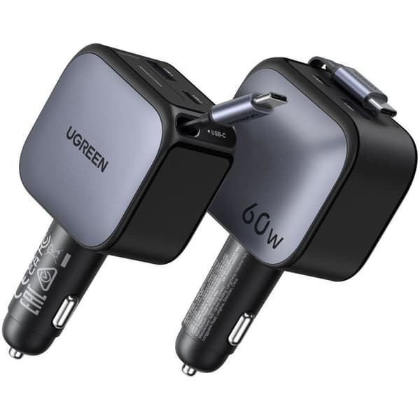 Bil laddare - UGREEN - 60W - USB-A + USB-C - Nedfällbar version - Svart Svart