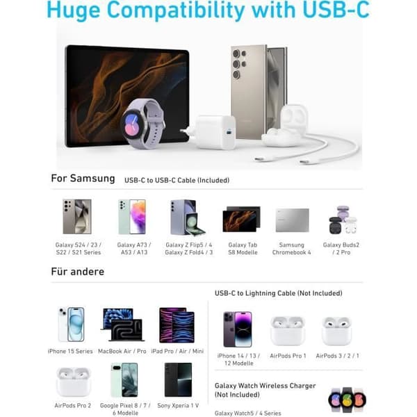 Anker 45W USB-C Snabbladdare PPS - 1,5 m Kabel, MultiProtect, Kompatibel med Samsung S24/S23/iPhone/Pixel Vit