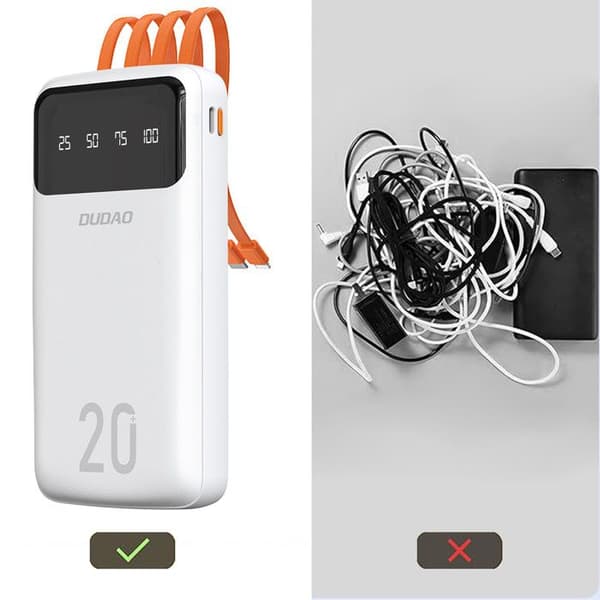 Extern batteri K6Pro+ 20 000 mAh med integrerade USB-C, microUSB och Lightning-kablar för iPhone - Svart