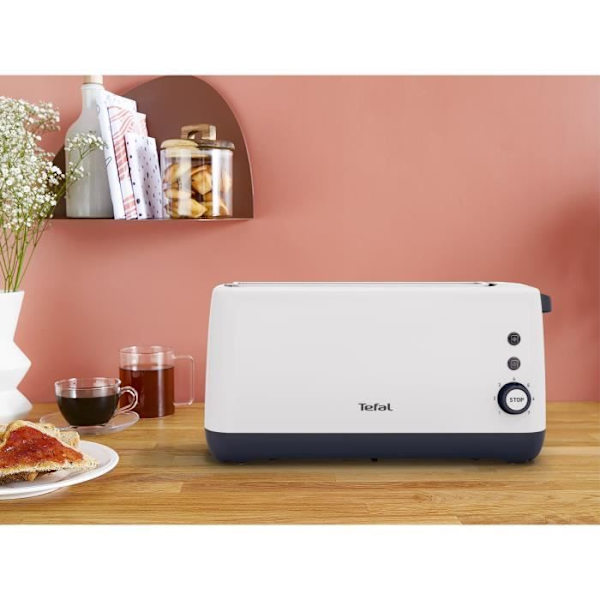 TEFAL Minim Compact brödrost, extra brett spår, 7 bryningsnivåer, Återuppvärmning och avfrostning, Avtagbar smulbricka TL302110 vitt och grått