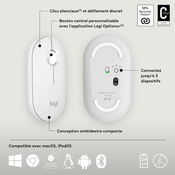 Logitech Pebble Mouse 2 M350s slimmad trådlös Bluetooth-mus, bärbar, lätt - Vit