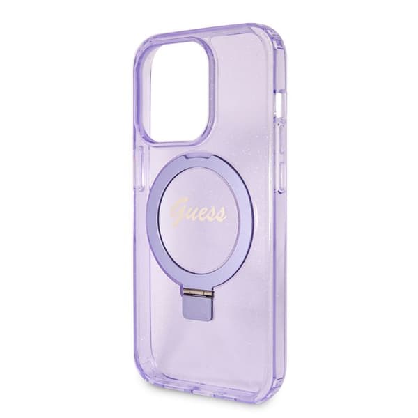Coque Guess Ring Stand Script Glitter MagSafe för iPhone 15 Pro - Lila Lila