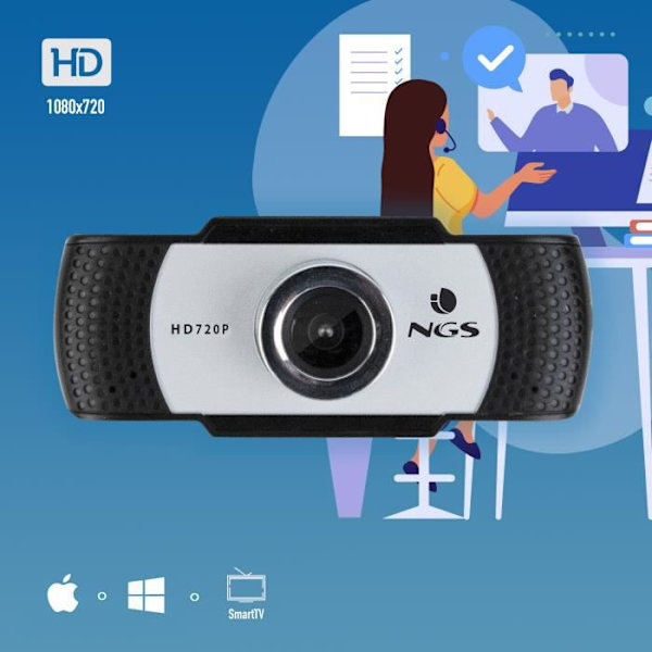 NGS XPRESSCAM720 - 1280x720 HD-webbkamera med USB 2.0-anslutning, inbyggd mikrofon, 1Mpx sann upplösning och Plug&Play