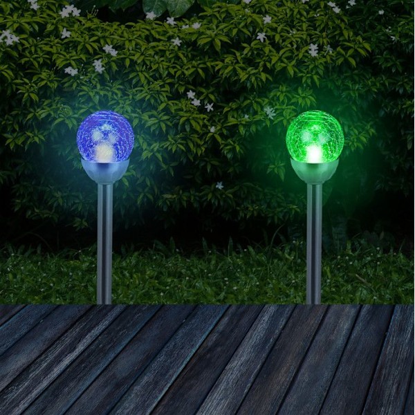 Relaxdays LED Solar Light Set, Spike, Trädgårdsdekoration, Belysning, Set om 2, Färgbyte, Silver silver, transparent, black