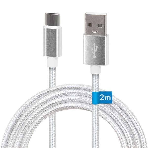 USB-C till USB-A-kabel Waytex 2 m - Vit flätad nylon, Laddning 20W, Överföring 480 Mbps Vit