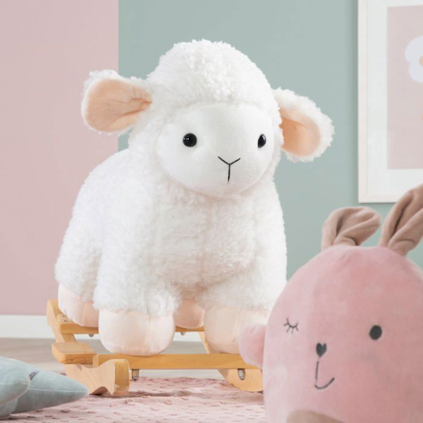 ROBA Lamb Rocker i trä och mjuk plysch med handtag - Hjälper till att bemästra balansen - från 18 månader - Vit Vitt trä