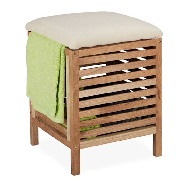Relaxdays pall med förvaring, korg, valnöt, tyg, tvättkorg 35 l, HLP: 51 x 39 x 39 cm, natur brun ljus, grädde
