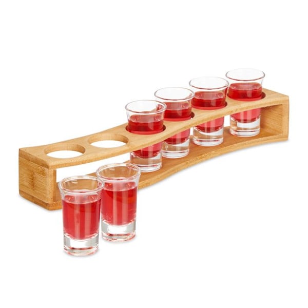 Relaxdays Shotbricka, set med 6 glas, 4 cl, böjd stöd, presentidé, bambu, natur brun klar, genomskinlig