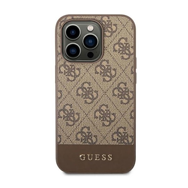 iPhone 14 Pro-fodral - Guess - 4G Bottom Stripe - Biologiskt läder - Brun - Semi-rigid kastanj