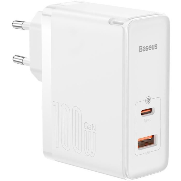 Nätadapter 1x USB-A-port + 1x USB-C-port 100W + USB-C-kabel 1m Baseus GaN5 Pro - vit - TU