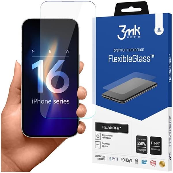 Säkerhetsglas - 3MK - iPhone 16 - FlexibleGlass - Svart - Rep-resistant