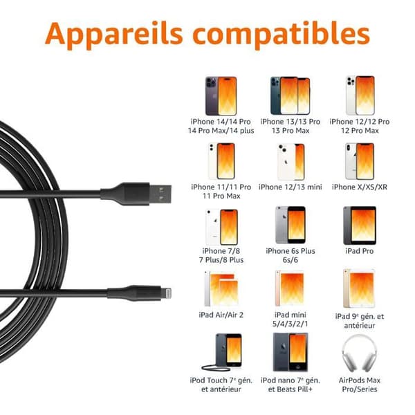 Lightning-kabel till USB-A - BASICS - CUBL03B-AC272-DF - 3 meter - Snabbladdning - Kompatibel med Apple