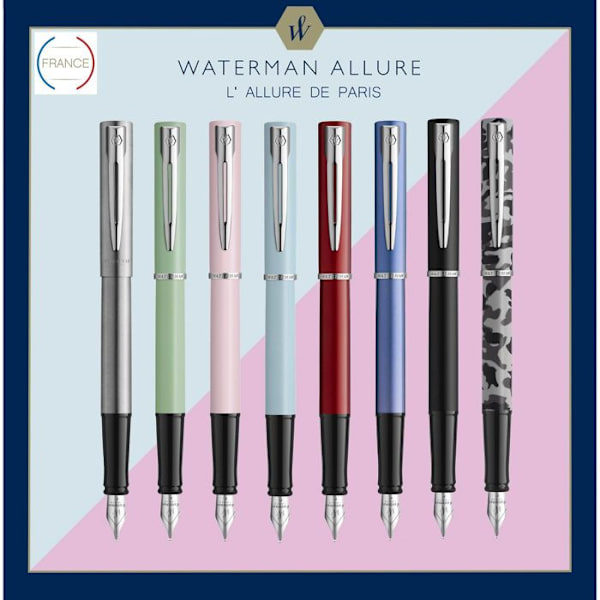WATERMAN Graduate Allure Reservoarpenna, satinsvart lack, kromkant, fin spets, blå bläckpatron, presentförpackning Svart satinfodral