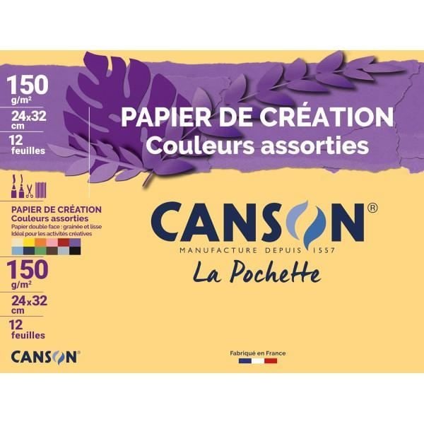 Kreativt papper - 24x32cm - Canson - Diverse färger - 150g - 12 ark - Ritning