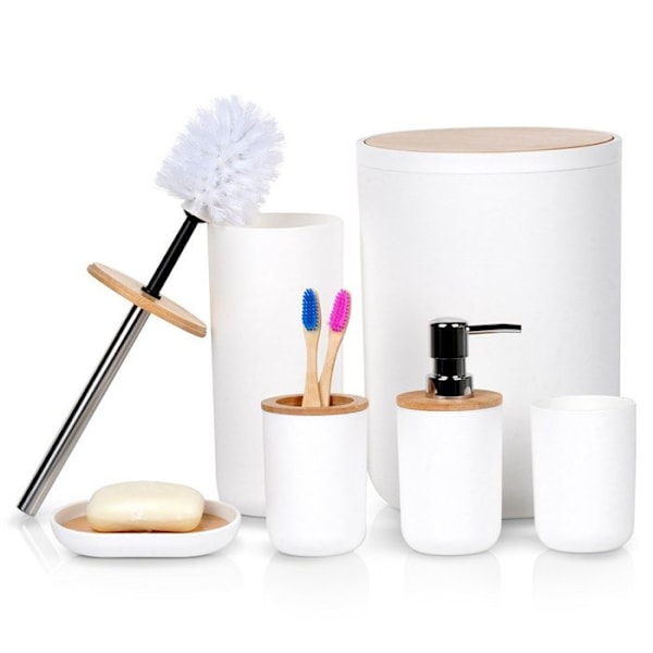 Badrumsaccessoarer - Vilde - 6 delar - Vit plast - Bambu - Modern design Vit