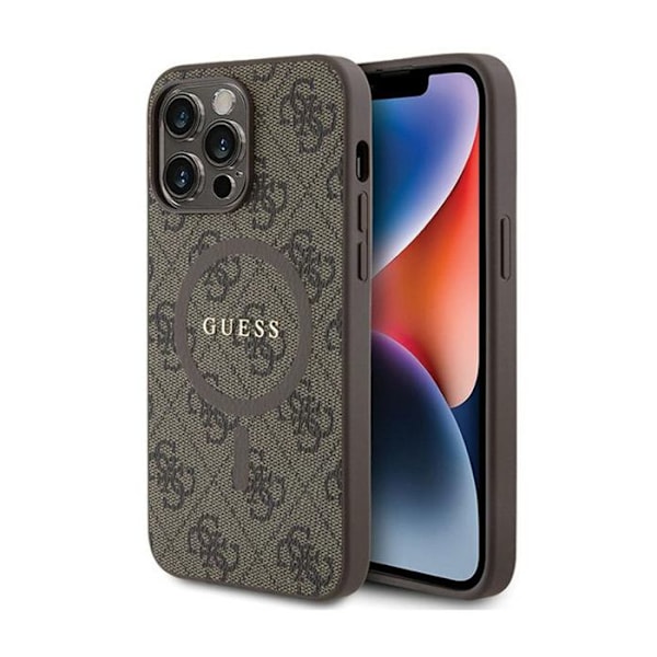 Etui för iPhone 15 Pro Max - Guess - 4G Collection - Läder Metall - Brun - MagSafe kastanj