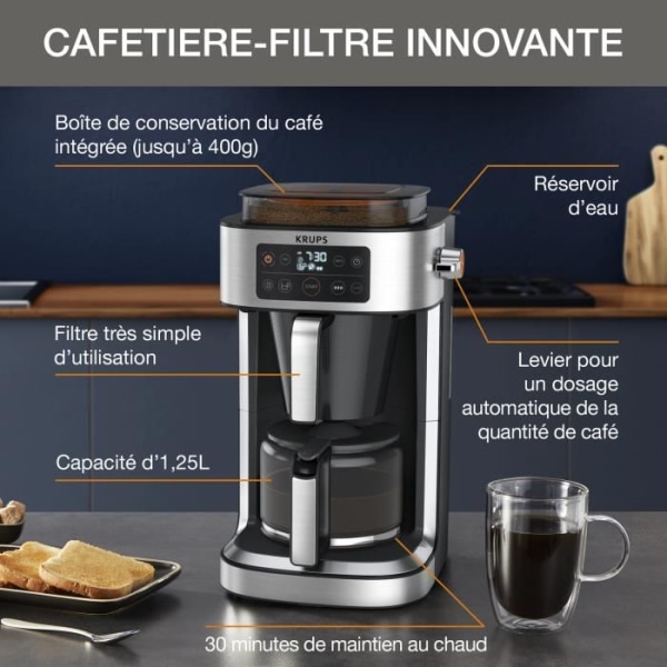 KRUPS KM760D10 Aroma Partner filterkaffebryggare - Lufttät behållare - Automatisk dosering - Upp till 15 koppar Rostfritt stål