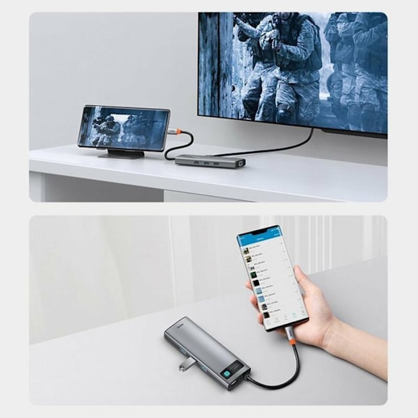 9 i 1 USB C HUB-adapter - Baseus - 4K HDMI - 3 USB 3.0-portar - 100W snabbladdning - Grå