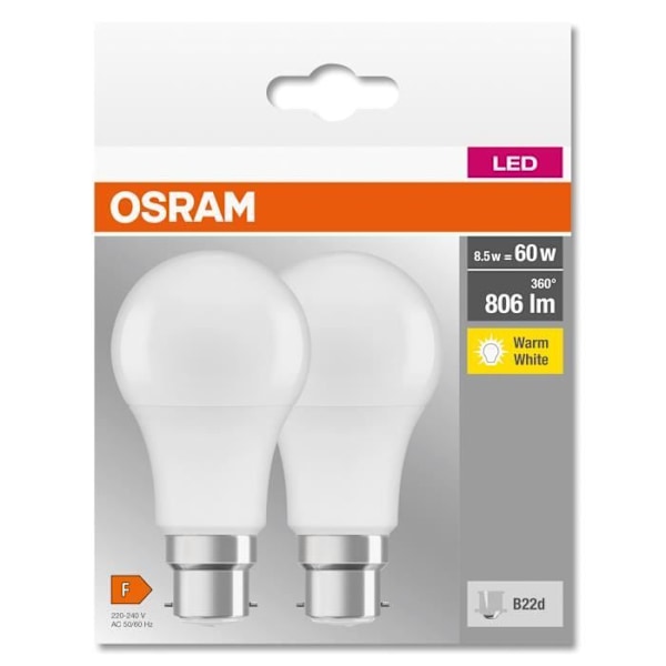 OSRAM LED-lampa | Sockel: B22d | Varm vit | 2700 K | 8,50 W | ersättning för 60 W glödlampa | opal | LED BASE Vit