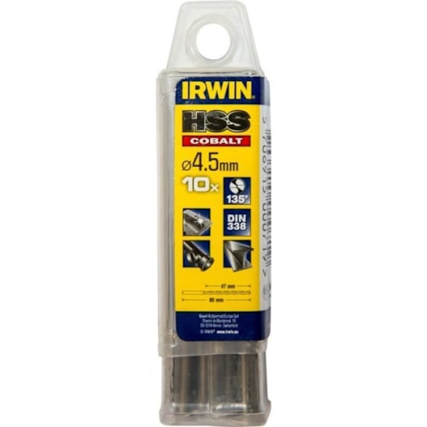 HSS COBALT metallborr - IRWIN - Ø 4,5 mm - Längd 80 mm - Paket med 10 st