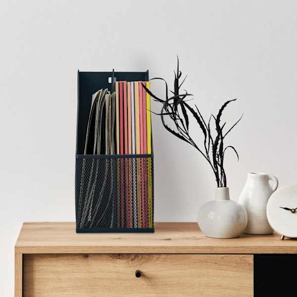 Relaxdays Metallhämtare med 2 fack A4, HxBXD: 31,5x14,5x25 cm, design tidningsställ i nät, anthracite antracit