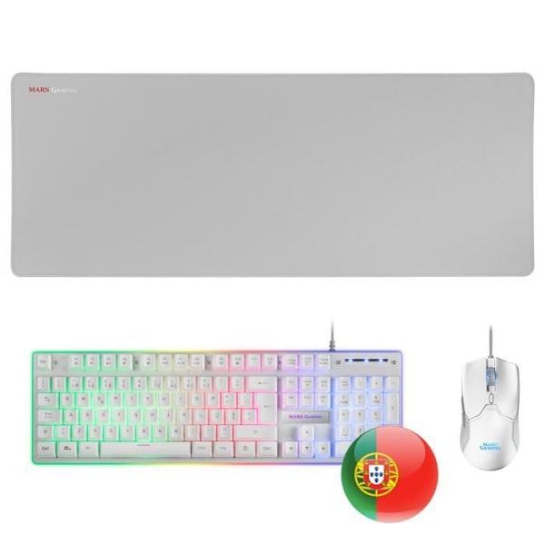Mars Gaming MCPXWPT White - Ultralätt tangentbord + muskombination + XXL musmatta - portugisisk Vit