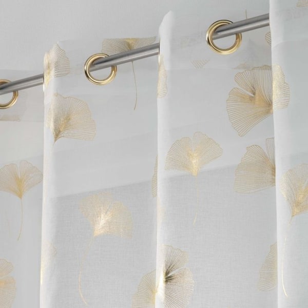 Voile med ögla 140 x 240 cm sandfärgad metallerad tryck ginkgold Vit