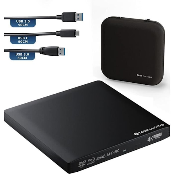techPulse120 USB 3.0 Type-C CD/DVD-brännare i aluminium för dator, bärbar dator UHD Blu-Ray-brännare USB xDeluxe-paket