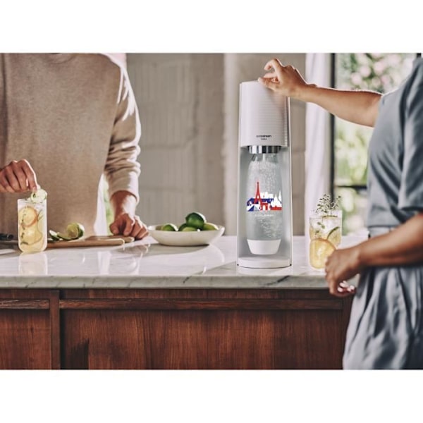 SODASTREAM Terra - White Sparkling Water Machine + 1 1L Fuse French Edition-flaska + 1 60L Clip-on Gas Refill Svart