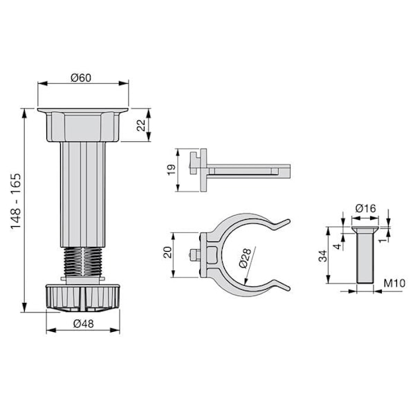 Emuca-paket med 10 benmöbler för utjämning av ben, med förmonterad bas, höjd 150 mm, justerbar 148-165 mm, plast, Svart