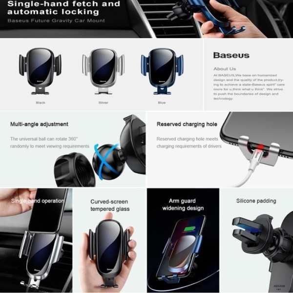 BASEUS Air Vent Biltelefonhållare med glasyta för Samsung Galaxy S9 S8, 4,7-6,0 tum