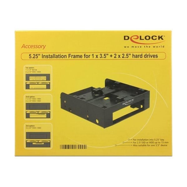 DeLOCK installationsramadapter för 5,25 tum till 1 x 3,5 tum och 2 x 2,5 tum förvaringsfack svart