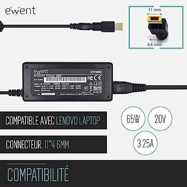 Strömförsörjning för bärbar dator - EWENT - EW3889 - 65W - 20V - Kontakt 11*4.6mm