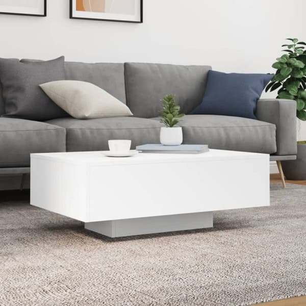 vidaXL Låg Bordsbord med LED-lampor, Sidobord, Soffbord, Vardagsrum Möbel, Modern, Vit Trä 836609 Vit
