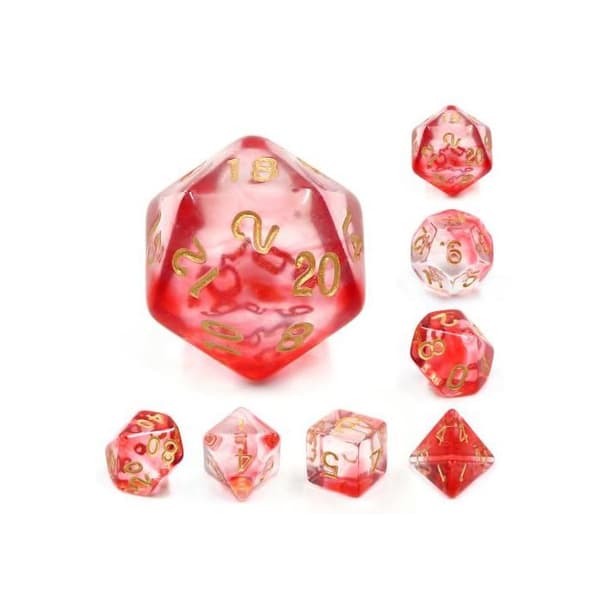 Set med 7 multiformat tärningar med låda – Crimson Light