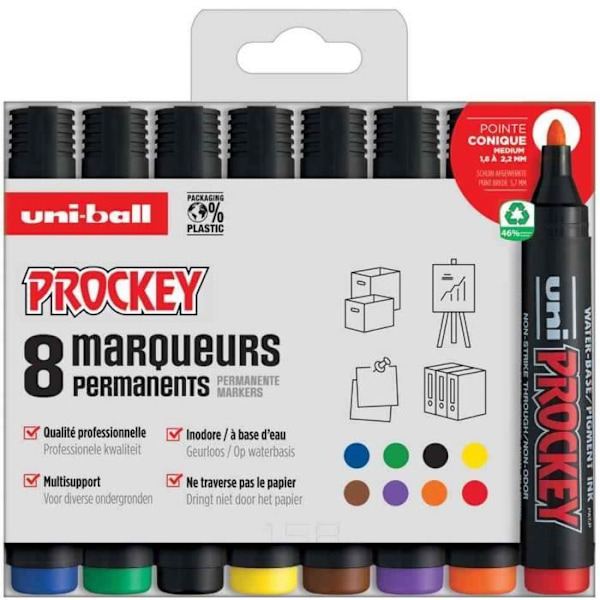 Permanent Märkpennor - PROCKEY - PM122/8 PF - Fodral med 8 - Spetsig spets - Vattentålig