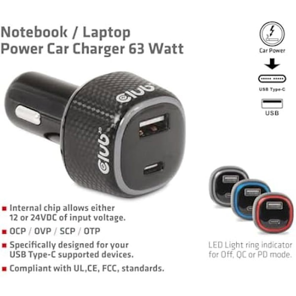 Bil-laddare - CLUB 3D - CAC-1922 - 12 V - 63 W - USB Typ C-skydd