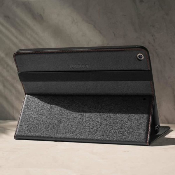 Coque iPad 9/8/7 - TORRO - Äkta Läder - 3 Visningsvinklar - Wake/Sleep-funktion Svart med röda detaljer