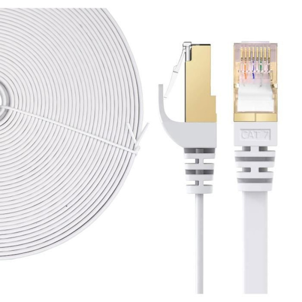 Elfcam® - RJ45 Ethernet-nätverkskabel, Cat 7 STP 100 % koppar, platt kabel, 32 AWG, vit (1,5M)
